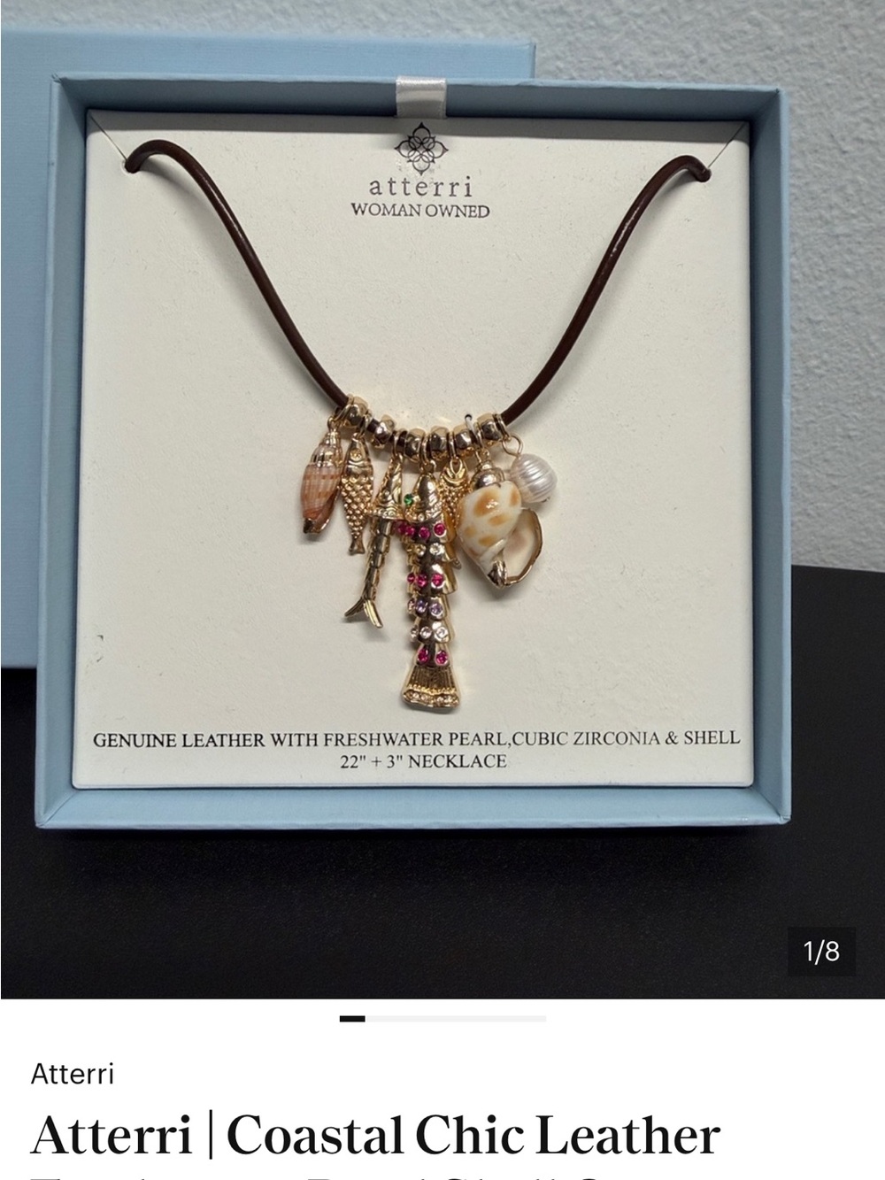 Atterri Coastal Chic Leather Necklace - Brown with Gold & Pearl Accents - Picture 6 of 13